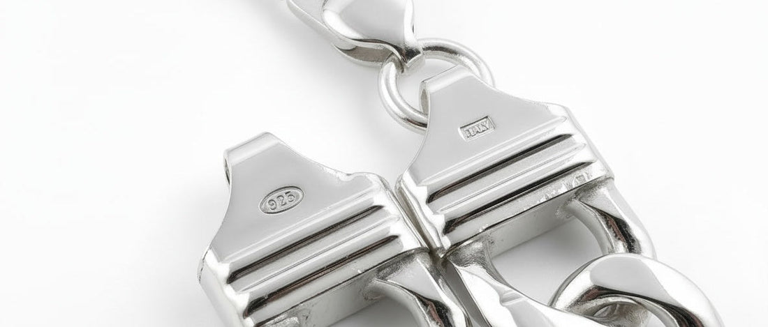 Macro of the 925 and Italy stamps on the end pieces of a Neviera sterling silver Cuban link chain.