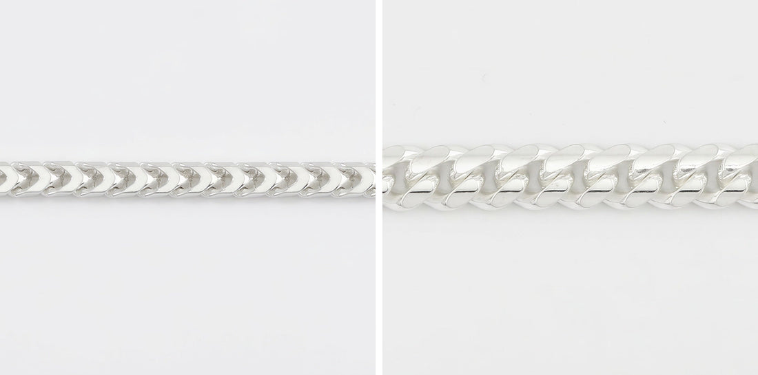 Macro comparison of a Neviera Franco chain's square profile beside a Cuban link chain's interlocked links, both 925 sterling silver