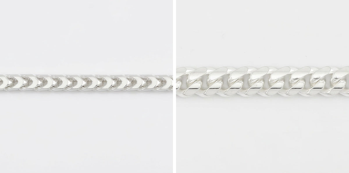 Macro comparison of a Neviera Franco chain's square profile beside a Cuban link chain's interlocked links, both 925 sterling silver