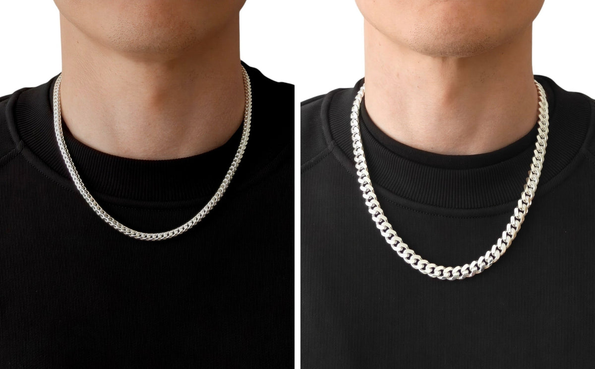 Neviera 3,8 mm Franco chain and 9,1 mm Cuban link chain in 925 sterling silver, worn side by side on the same neck for comparison