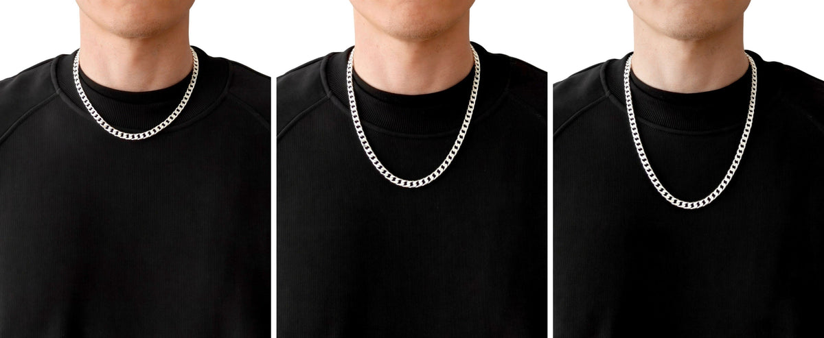 Collier Maille Gourmette Neviera de 6,4 mm en argent sterling 925 massif en trois longueurs, 50, 55 et 60 cm, porté par le même mannequin avec un sweat noir à col rond