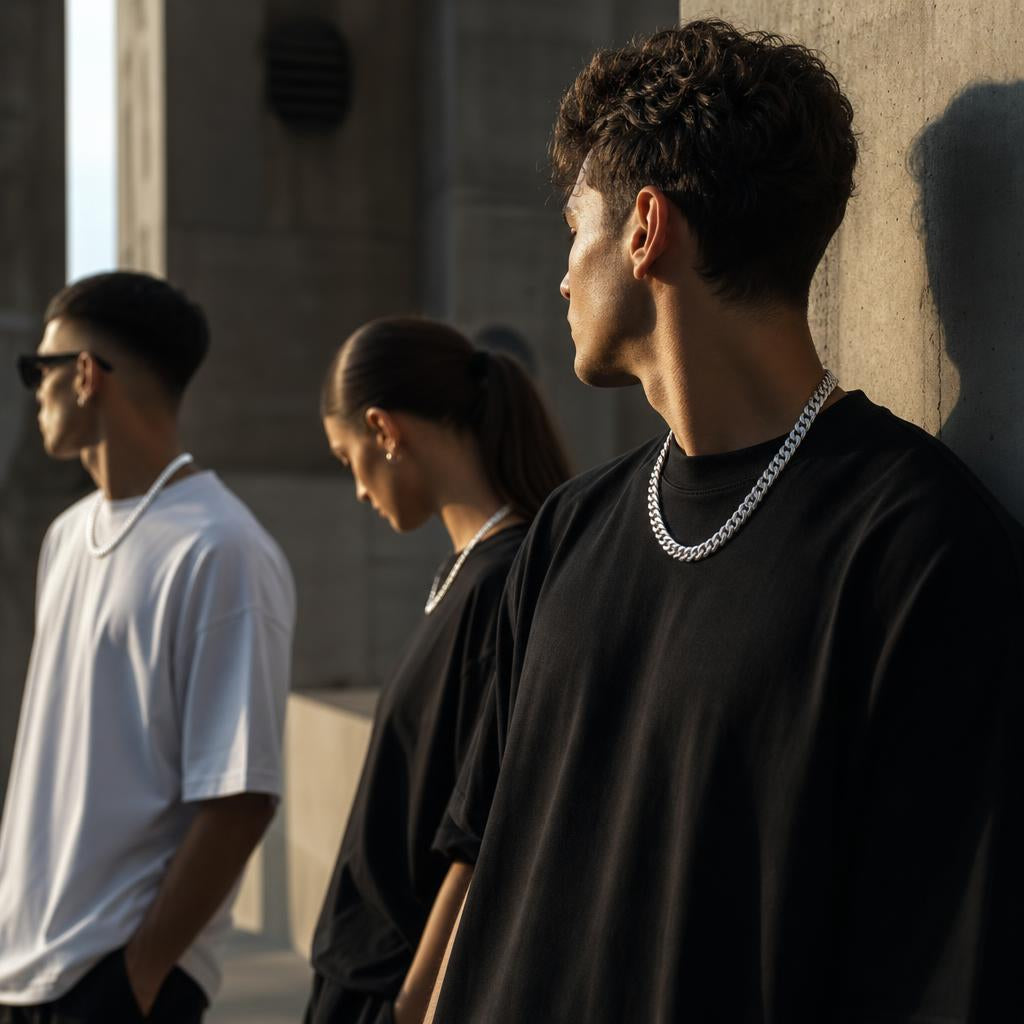 Neviera Silver Cuban link necklaces styled with streetwear