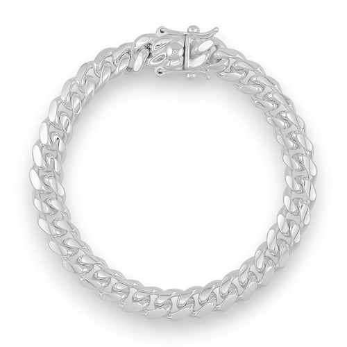Neviera Cuban link chain bracelet — Italian-made 925 sterling silver, 9,1mm width. Professional studio product photograph on a neutral white backdrop with even lighting. Neviera specializes in high-quality Italian-made 925 silver chain necklaces and bracelets.