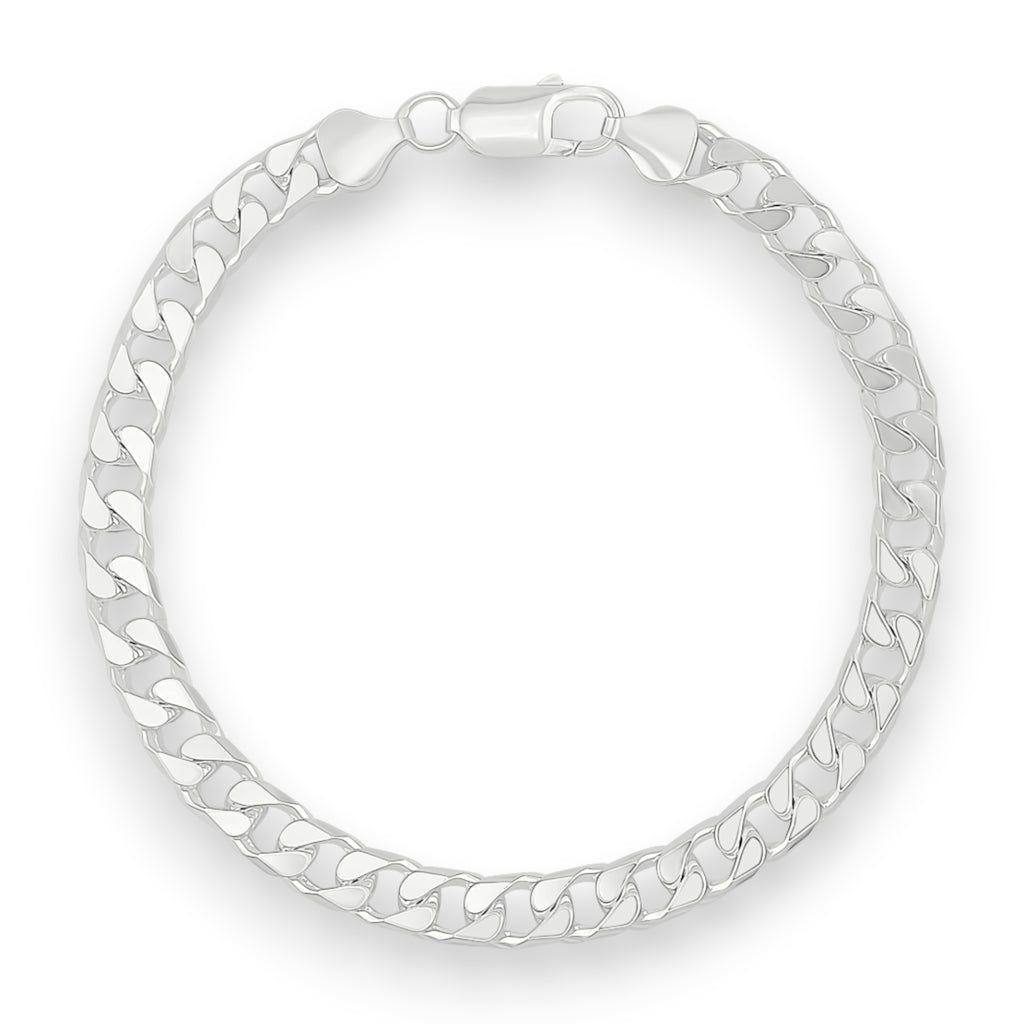 Neviera curb link chain bracelet — Italian-made 925 sterling silver, 6,4mm width. Professional studio product photograph on a neutral white backdrop with even lighting. Neviera specializes in high-quality Italian-made 925 silver chain necklaces and bracelets.