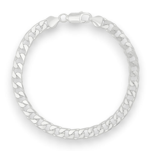 Neviera curb link chain bracelet — Italian-made 925 sterling silver, 6,4mm width. Professional studio product photograph on a neutral white backdrop with even lighting. Neviera specializes in high-quality Italian-made 925 silver chain necklaces and bracelets.