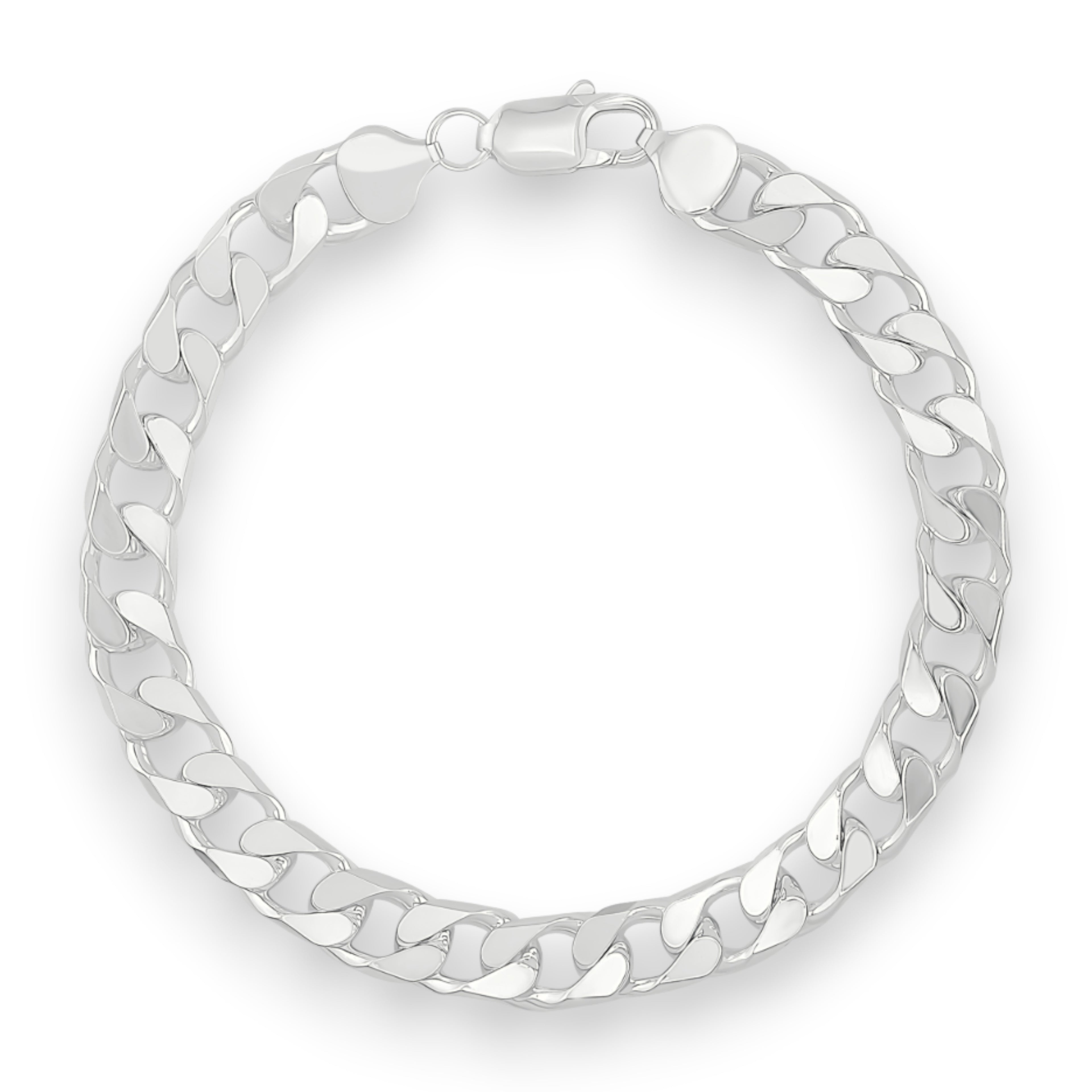 Neviera curb link chain bracelet — Italian-made 925 sterling silver, 8,9mm width. Professional studio product photograph on a neutral white backdrop with even lighting. Neviera specializes in high-quality Italian-made 925 silver chain necklaces and bracelets.