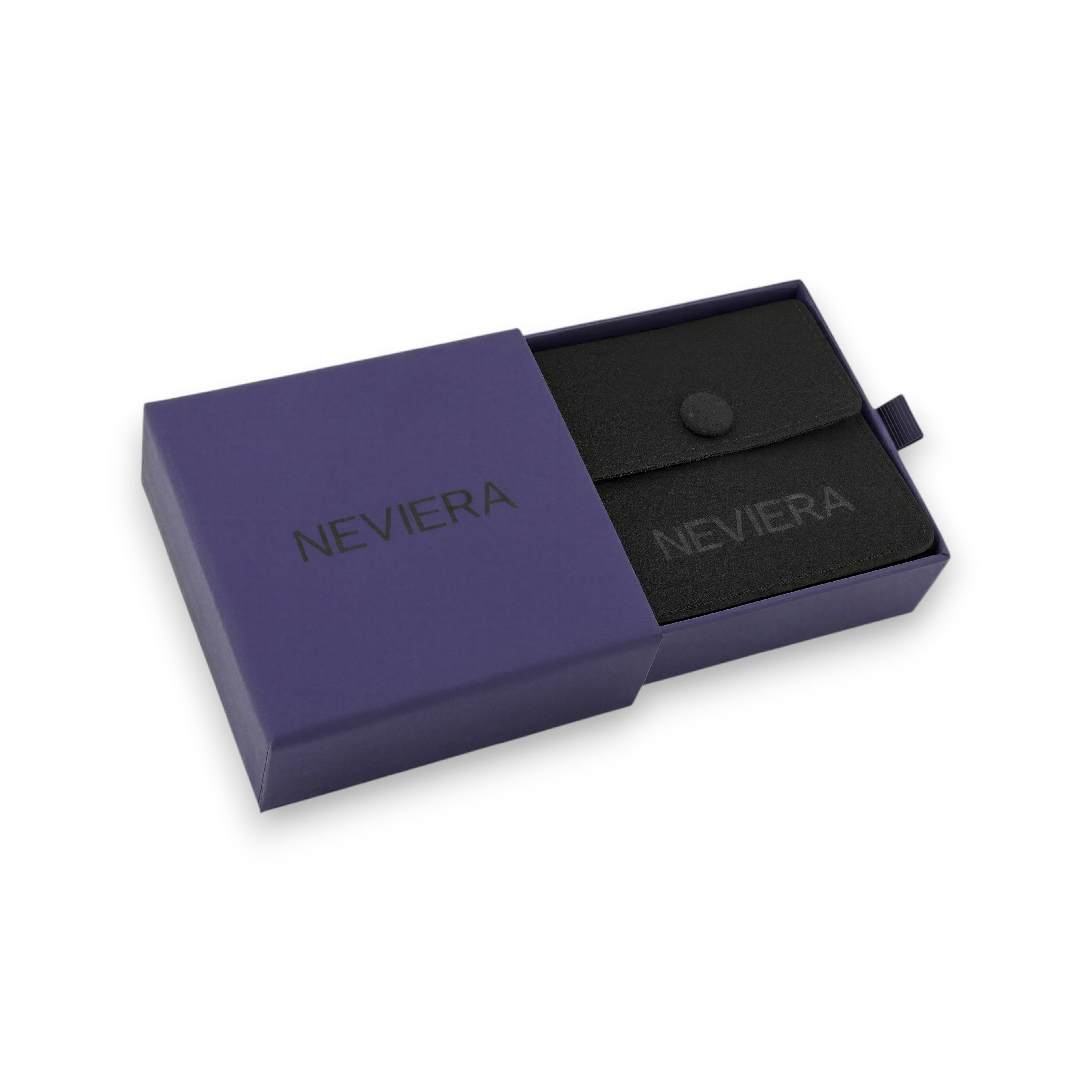 Neviera Signature Box — purple gift packaging with black jewelry pouch. Included with every Neviera sterling silver chain necklace and bracelet.